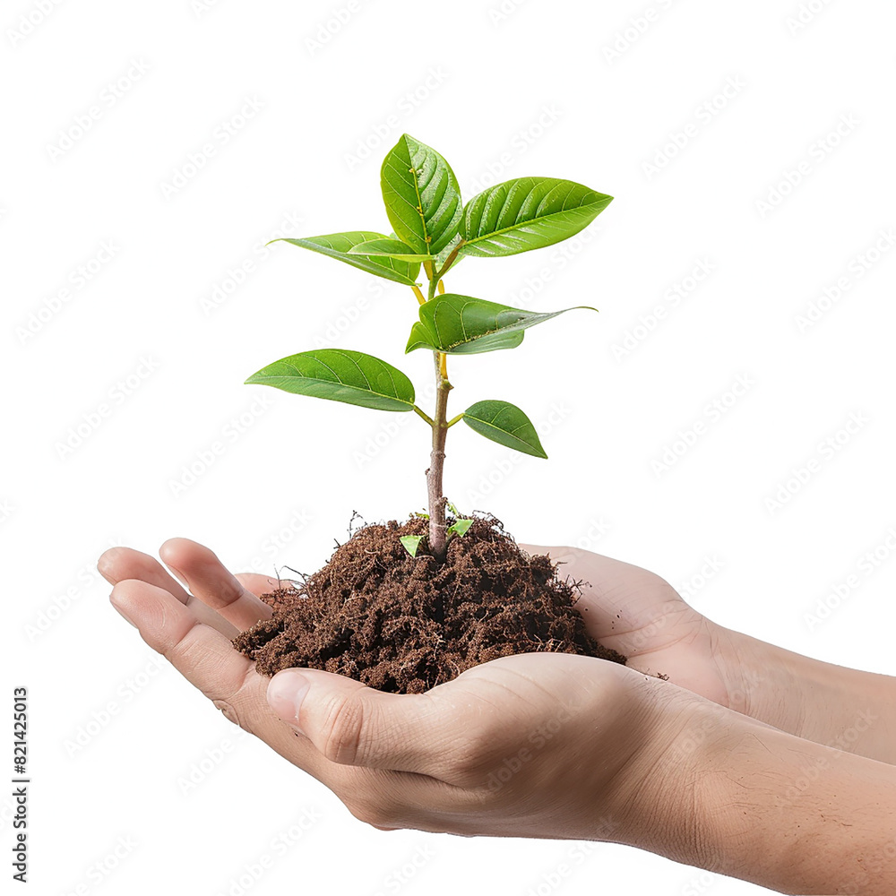 Photo of human hands holding a small plant with a white background