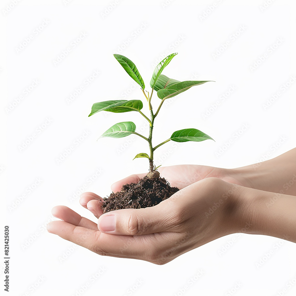 Photo of human hands holding a small plant with a white background Photo of human hands holding a small plant with a white background