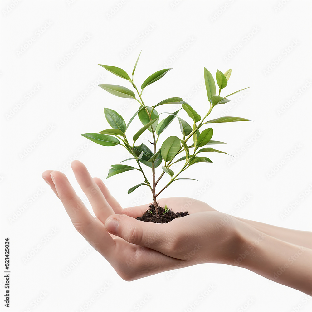 Photo of human hands holding a small plant with a white background Photo of human hands holding a small plant with a white background