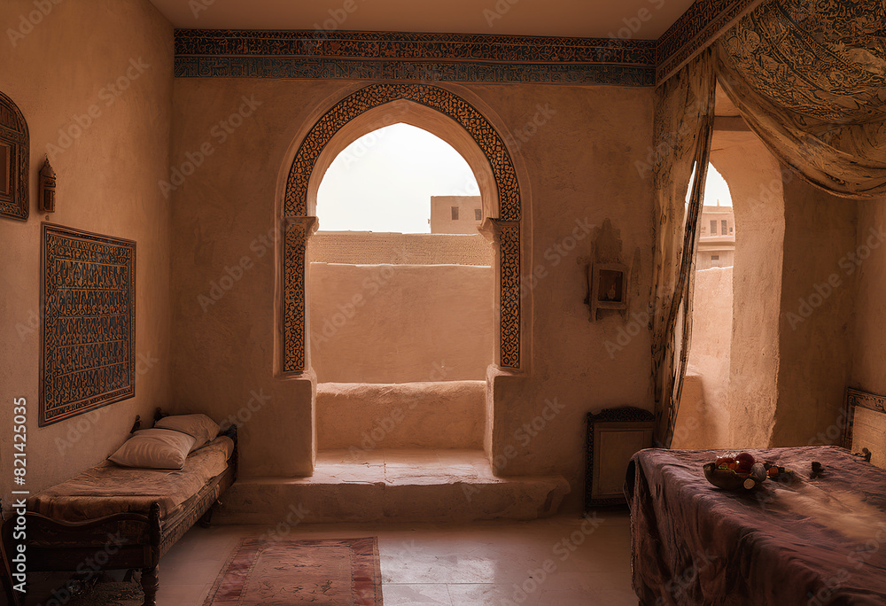 Interior of an old traditional Arabic house under strong sunlight with