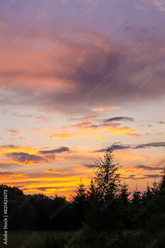 Sunset sky. Tranquil landscape in countryside.