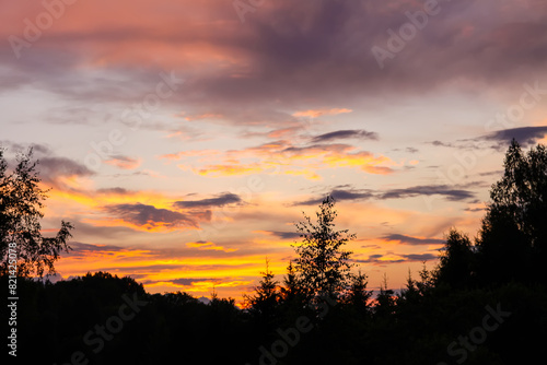 Sunset sky. Tranquil landscape in countryside.