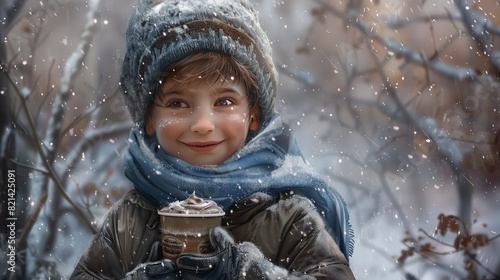 Winter girl drinking hot chocolate in a snowy forest