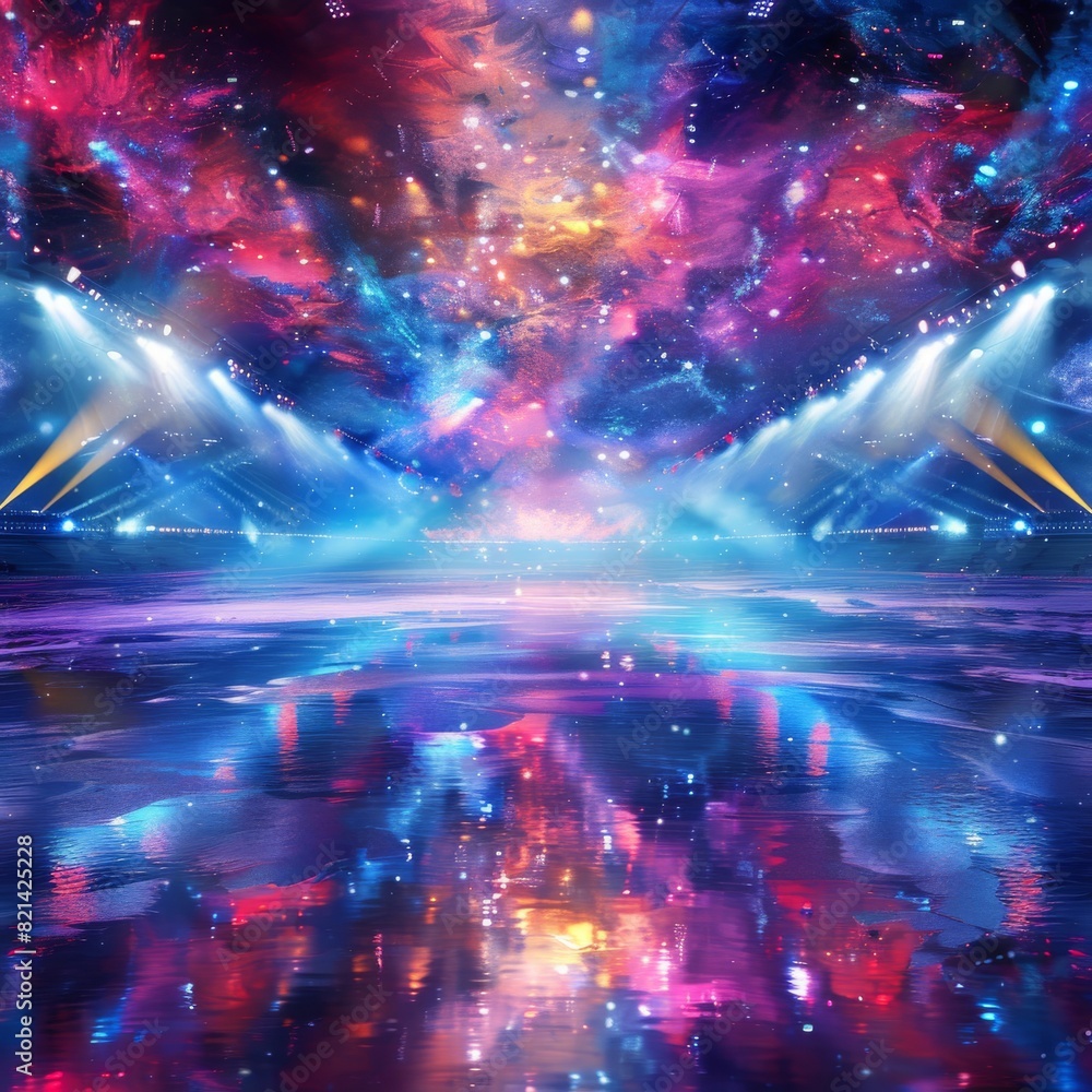 A skating rink illuminated with bright colorful lights and stage reflections. Ice Rink Background. Copy space. Winter poster for hockey competitions. Ice skating. Stadium.