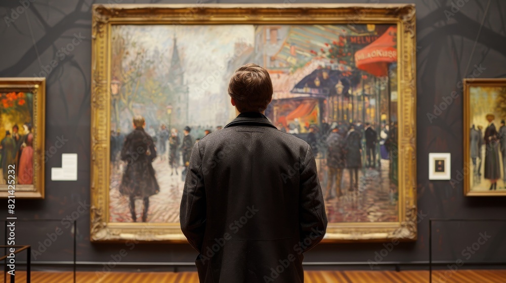 Naklejka premium Woman admiring a painting of a city street in a museum