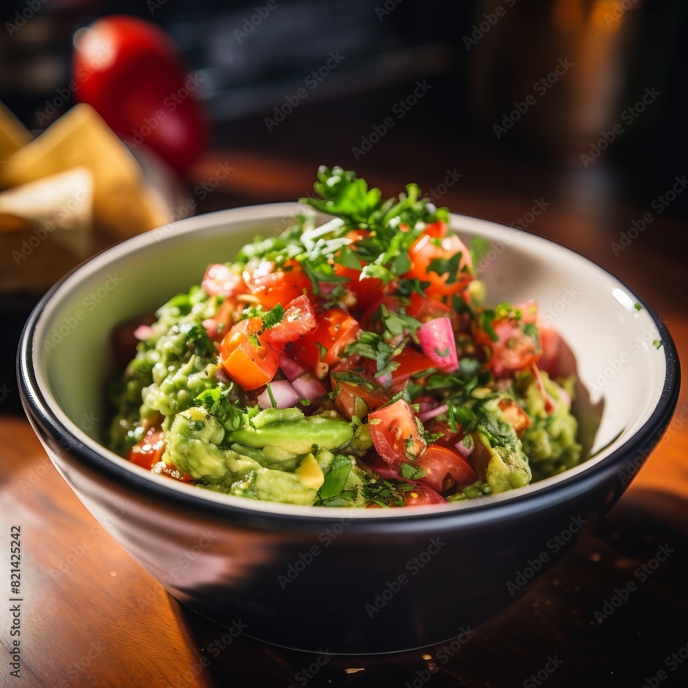 Fresh guacamole topped with diced tomatoes, onions, and cilantro in a black bowl, perfect for a delicious appetizer or snack. Fresh guacamole topped with diced tomatoes, onions, and cilantro in a black bowl, perfect for a delicious appetizer or snack.
