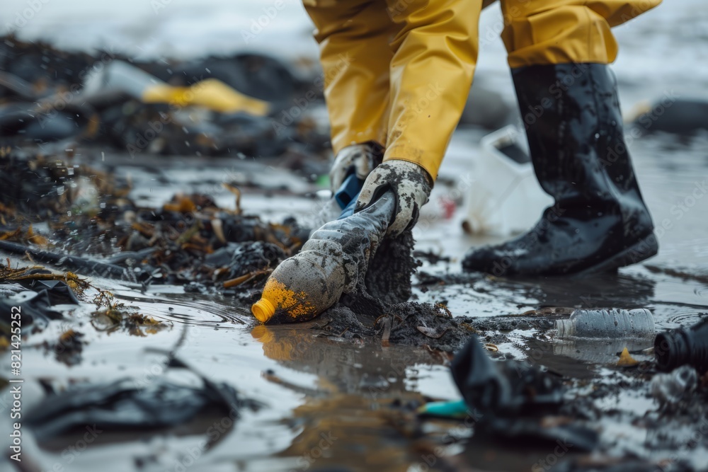 Obraz premium A volunteer collects garbage on a muddy beach. Close-up. The concept of Earth Day. Bottom view