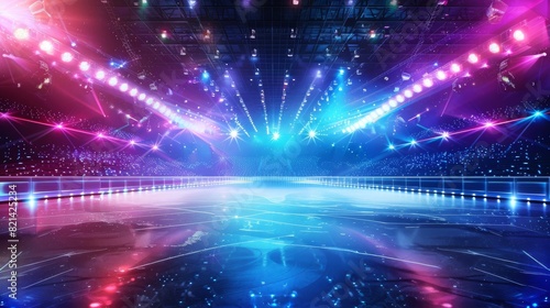 A skating rink illuminated with bright colorful lights and stage reflections. Ice Rink Background. Copy space. Winter poster for hockey competitions. Ice skating. Stadium.