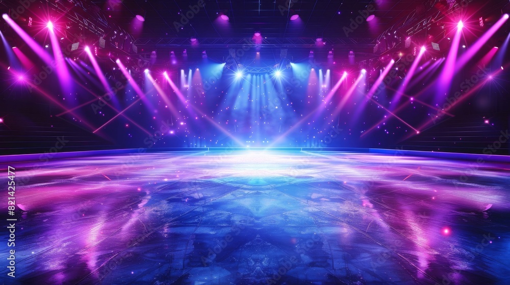 A skating rink illuminated with bright colorful lights and stage reflections. Ice Rink Background. Copy space. Winter poster for hockey competitions. Ice skating. Stadium.