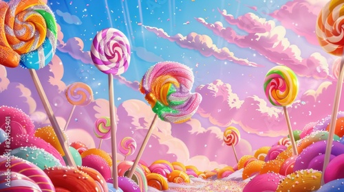 Illustration Candy. Magical Candy Land with Lollipop Trees and Candy Floss Skies