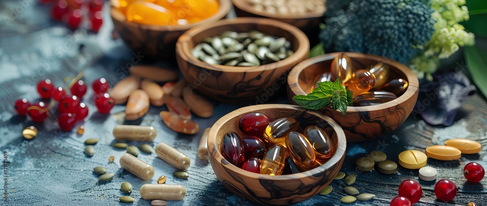 Fototapeta premium Never before seen photo of various multivitamins, fish oil and plant-based natural supplements in wooden bowls on a rustic table with scattered berries, vegetables, seeds and herbs. A low angle view w