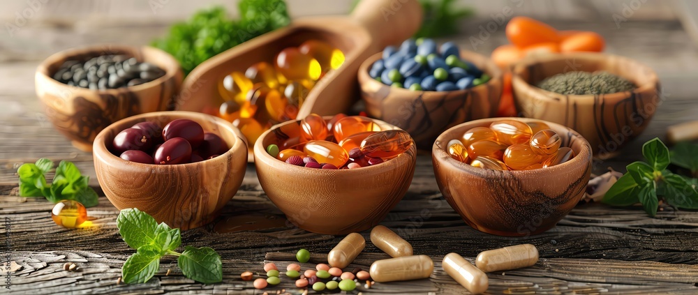 Never before seen photo of various multivitamins, fish oil and plant-based natural supplements in wooden bowls on a rustic table with scattered berries, vegetables, seeds and herbs. A low angle view w Never before seen photo of various multivitamins, fish oil and plant-based natural supplements in wooden bowls on a rustic table with scattered berries, vegetables, seeds and herbs. A low angle view w