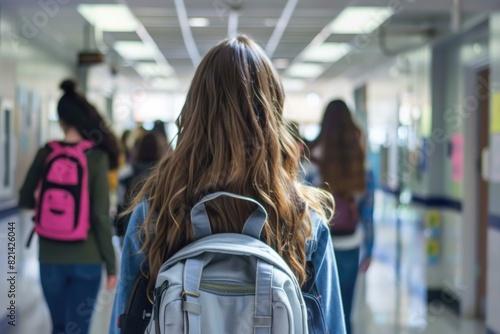 Teen At School. Female High School Student Heading to Class on Campus with Classmates © AIGen