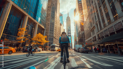 A cyclist rides through a bustling city street surrounded by tall skyscrapers, with sunlight illuminating the urban landscape. © khonkangrua