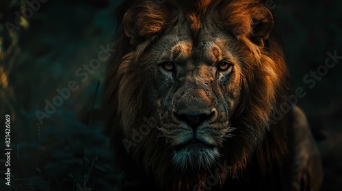 Portrait of a Beautiful lion  lion in dark . Generative Ai