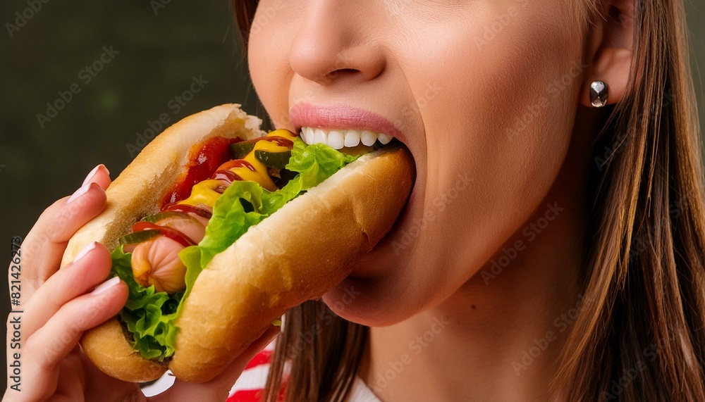 Frau beißt in einen leckeren Hotdog. Frau beißt in einen leckeren Hotdog.