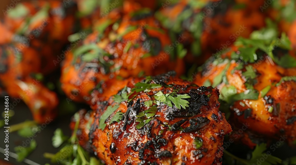 A closeup of a piece of tandoori chicken with a charred, spicy exterior and juicy interior A closeup of a piece of tandoori chicken with a charred, spicy exterior and juicy interior