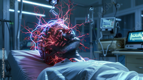 Electroconvulsive therapy, ECT, a treatment involving the use of electrical currents to stimulate the brain, 3D illustration