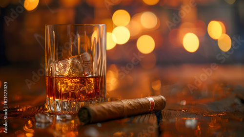 Un verre de whisky avec des glaçons et un cigare.  photo