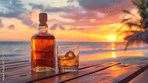 Une bouteille de rhum et un verre avec des glaçons posés sur une table en bois, au bord de la mer, avec un coucher de soleil en arrière-plan. photo