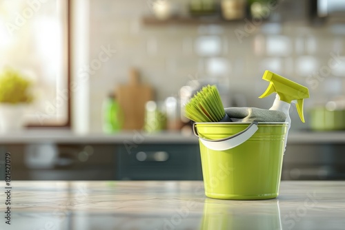 Bucket with cleaning items on blurry modern kitchen background. Washing brush and spray set with copy space.