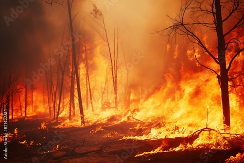 Intense forest fire engulfing trees with raging flames and heavy smoke  depicting the destructive force of wildfire in natural environment.