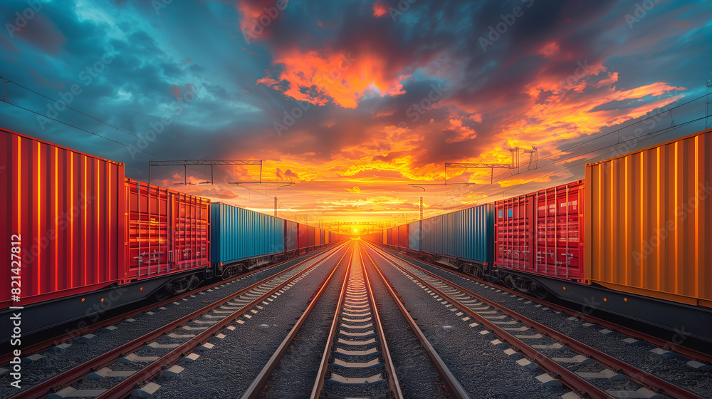 Fototapeta premium freight train with colorful cargo containers at sunset