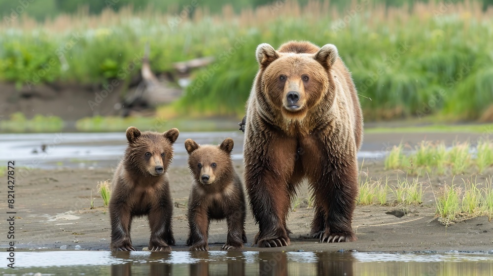 Protective female brown bear, ursus arctos, standing close to her two cubs. Generative Ai Protective female brown bear, ursus arctos, standing close to her two cubs. Generative Ai