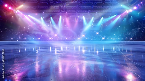 A skating rink illuminated with bright colorful lights and stage reflections. Ice Rink Background. Copy space. Winter poster for hockey competitions. Ice skating. Stadium.