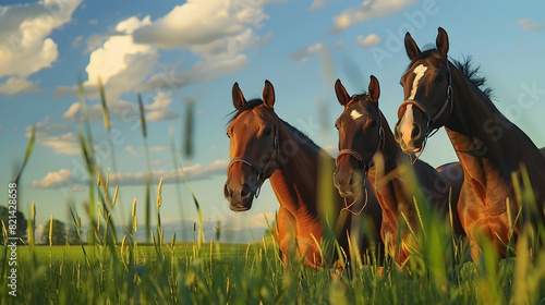 Four horses equine friends herd wearing halters outside in a paddock field meadow with a beautiful sky waiting watching alert listening