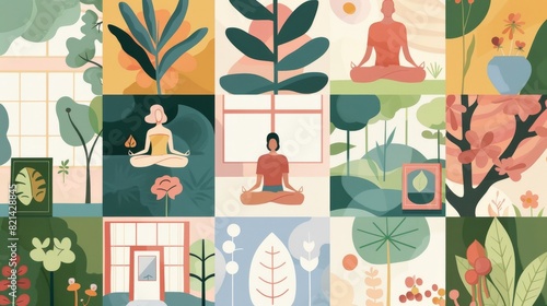 Yoga meditation women with floral elements for spiritual wellbeing designs