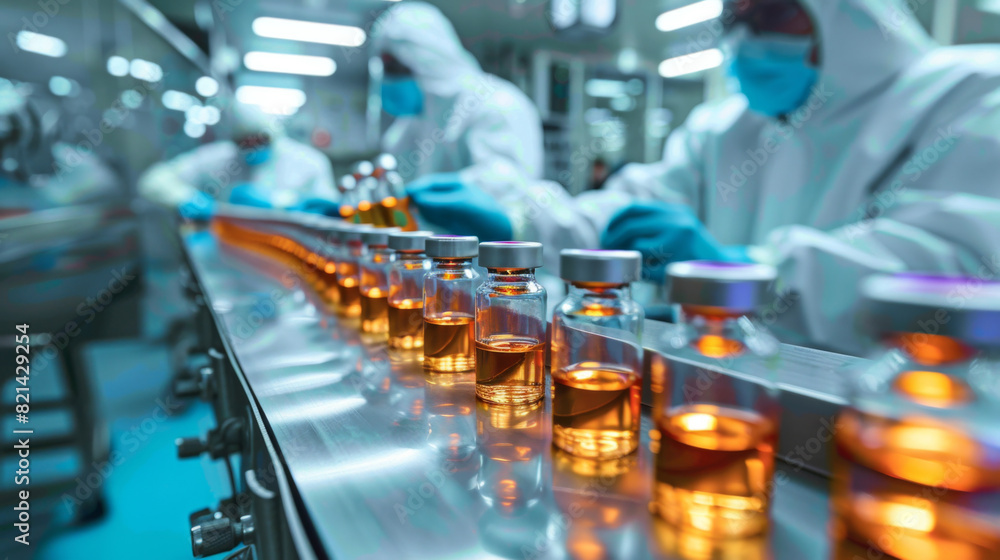 Pharmaceutical factory workers in protective suits overseeing the production line of vials filled with medication.