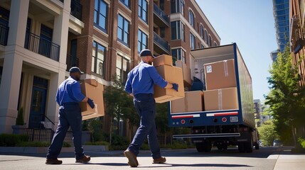 Professional movers are unloading boxes from a truck into a modern apartment building in the city. The team is working efficiently, providing a moving service with manual labor on a clear day