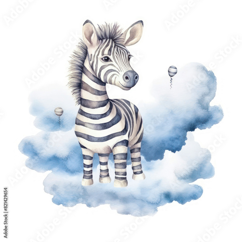 Cute 3D little zebra flying on a cloud kids cartoon illustration digital artwork isolated on white. Funny baby zebra, hand drawn watercolor for package, postcard, brochure, book