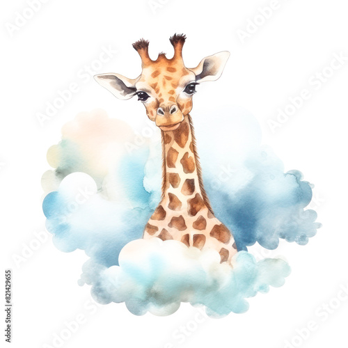 Cute 3D little giraffe flying on a cloud kids cartoon illustration digital artwork isolated on white. Funny baby giraffe, hand drawn watercolor for package, postcard, brochure, book