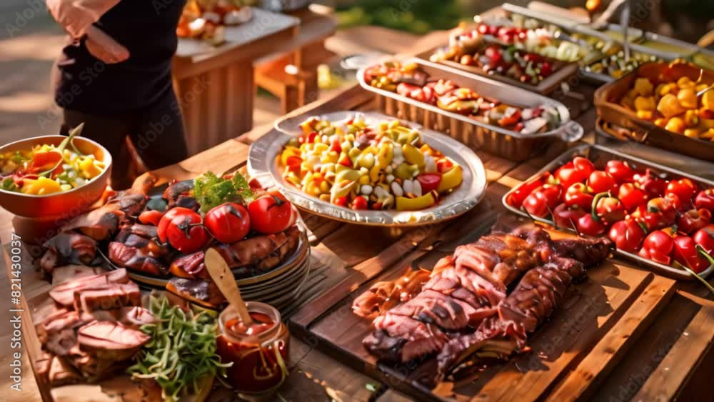 A table loaded with diverse food items representing a classic BBQ spread, A classic BBQ spread with all the fixings A table loaded with diverse food items representing a classic BBQ spread, A classic BBQ spread with all the fixings