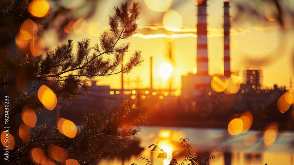 A sunset view of the power plant showing the contrast between the beauty of nature and the impact of human energy production.