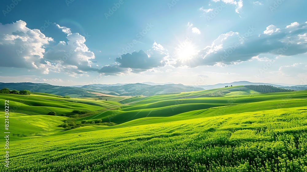 Fototapeta premium Serene Horizon: Tranquil Futuristic Fusion of Rural Landscape.