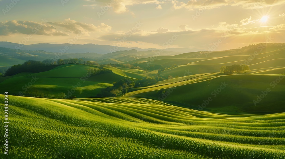Tranquil Fusion: Futuristic Countryside with Rolling Hills and Green Fields under Clear Skies Close-up Peaceful Rural Landscape Backdrop Tranquil Fusion: Futuristic Countryside with Rolling Hills and Green Fields under Clear Skies Close-up Peaceful Rural Landscape Backdrop