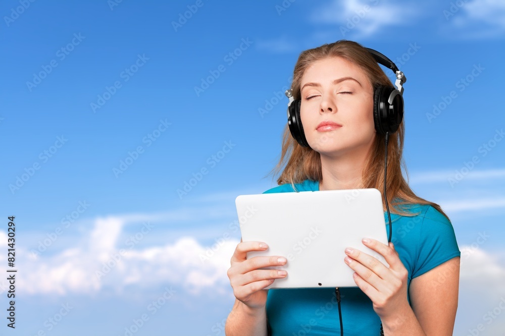 Photo of cheerful woman with digital tablet in contact center Photo of cheerful woman with digital tablet in contact center