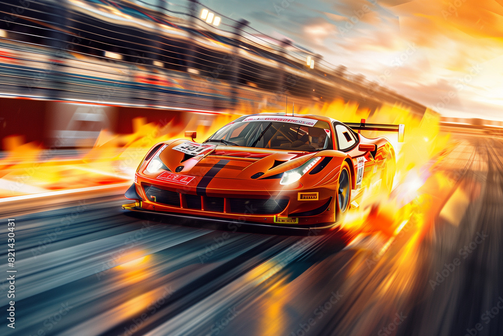 bright image of a sports car accelerating on a racetrack, with vivid exhaust flames and motion blur creating a sense of high velocity and excitement. Commercial photo