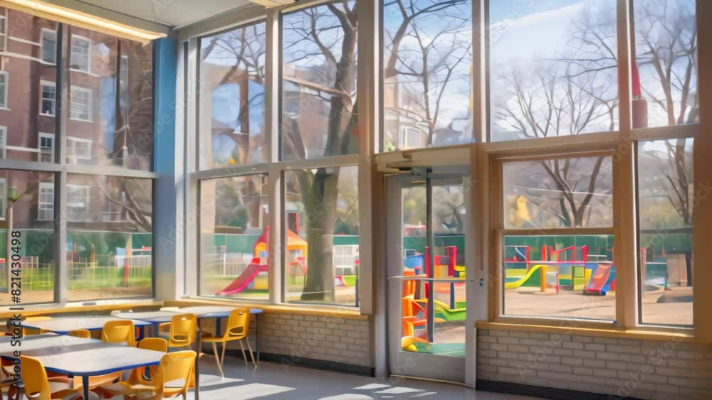 A classroom with expansive windows, showcasing a playground under a sunny sky, A classroom with large windows overlooking a sunny playground A classroom with expansive windows, showcasing a playground under a sunny sky, A classroom with large windows overlooking a sunny playground