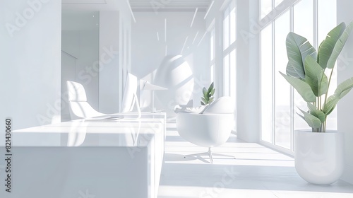 Modern Minimalist White Office with Sleek Furniture and Bright Lighting  Focus on Simplicity and Clean Lines  Close Up Shot for Vibrant Overlay Backdrop