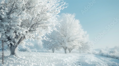 Ethereal Winter Wonderland: Snowcovered Landscape with White Trees under Clear Blue Sky - Purity and Serenity in Double Exposure Close-up Shot