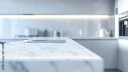Minimalist White Modern Kitchen with Marble Countertops and Futuristic Appliances, Clean and Contemporary Design Close Up Shot
