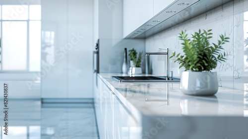 Futuristic White Modern Kitchen with Marble Countertops and Minimalist Design  Emphasizing Cleanliness