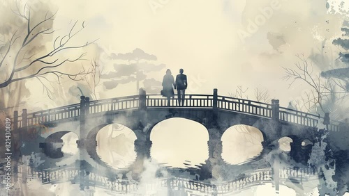 Young couple strolling hand in hand on a romantic bridge on foggy day, water color painting style. Smoothly moving water with reflection.