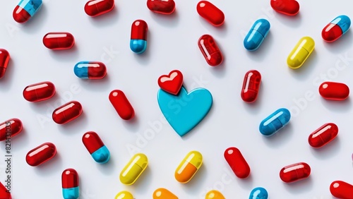 on a white table lie two heart figurines surrounded by medical capsules.