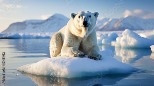 Polar bear resting on an iceberg in the Arctic, surrounded by icebergs and snow-capped mountains, under a clear blue sky.