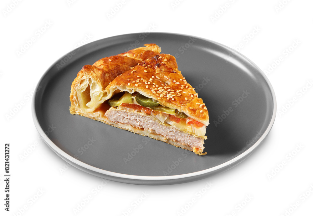 Piece of tasty homemade pie with filling isolated on white Piece of tasty homemade pie with filling isolated on white